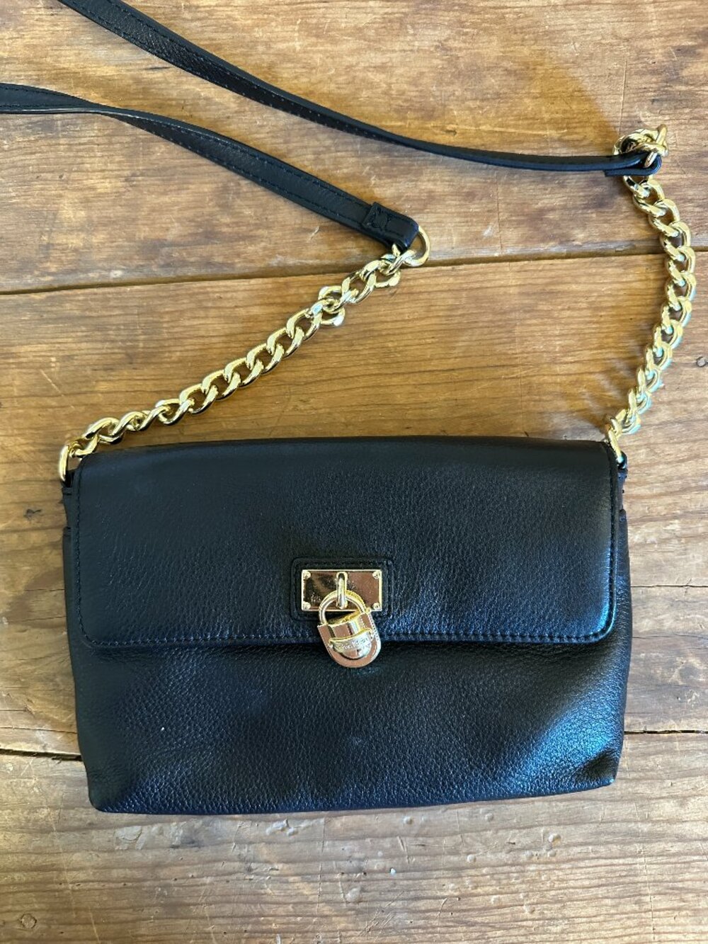 Calvin Klein Black Pebbled Leather Shoulder Bag | Gold Chain